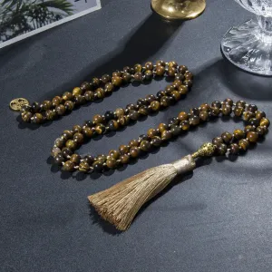8mm Yellow Tiger Eye Knotted 108 Mala Beads Necklace Meditation