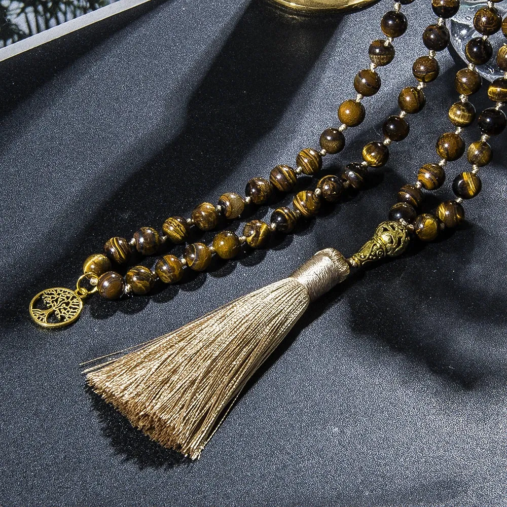 8mm Yellow Tiger Eye Knotted 108 Mala Beads Necklace Meditation
