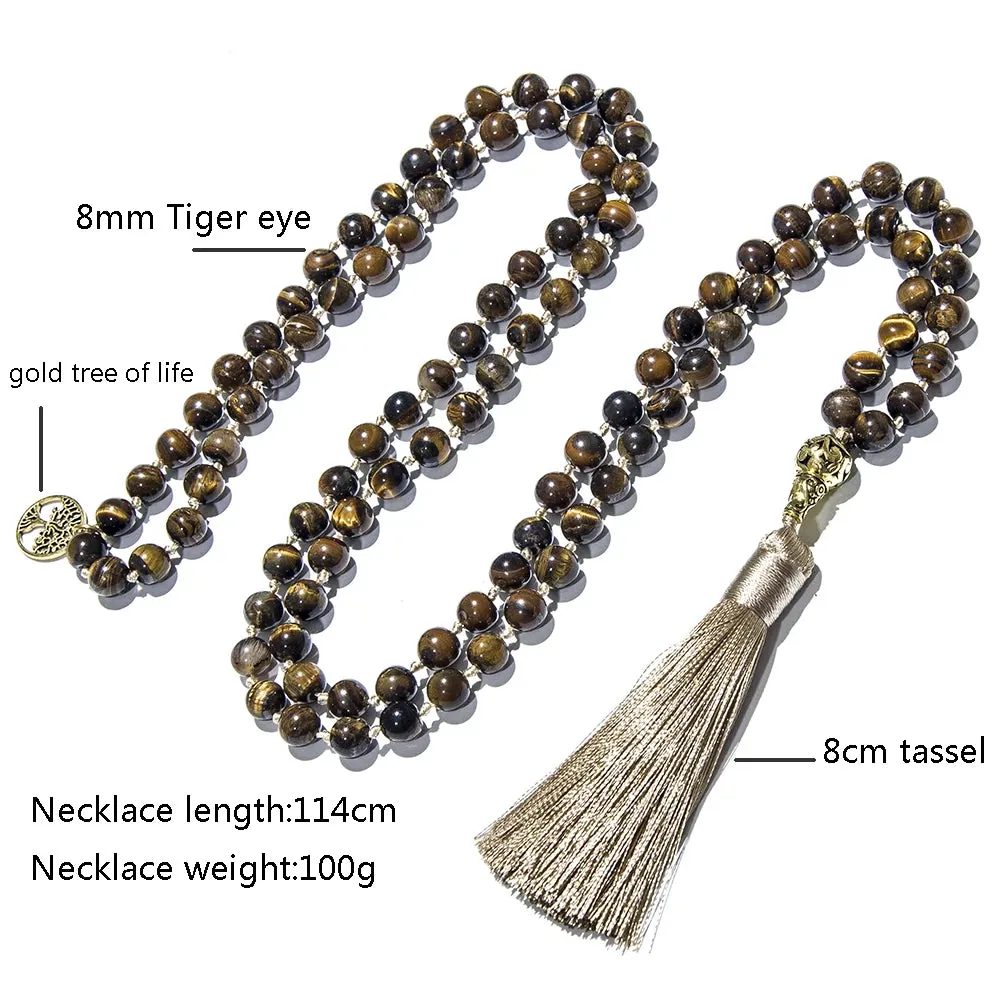 8mm Yellow Tiger Eye Knotted 108 Mala Beads Necklace Meditation
