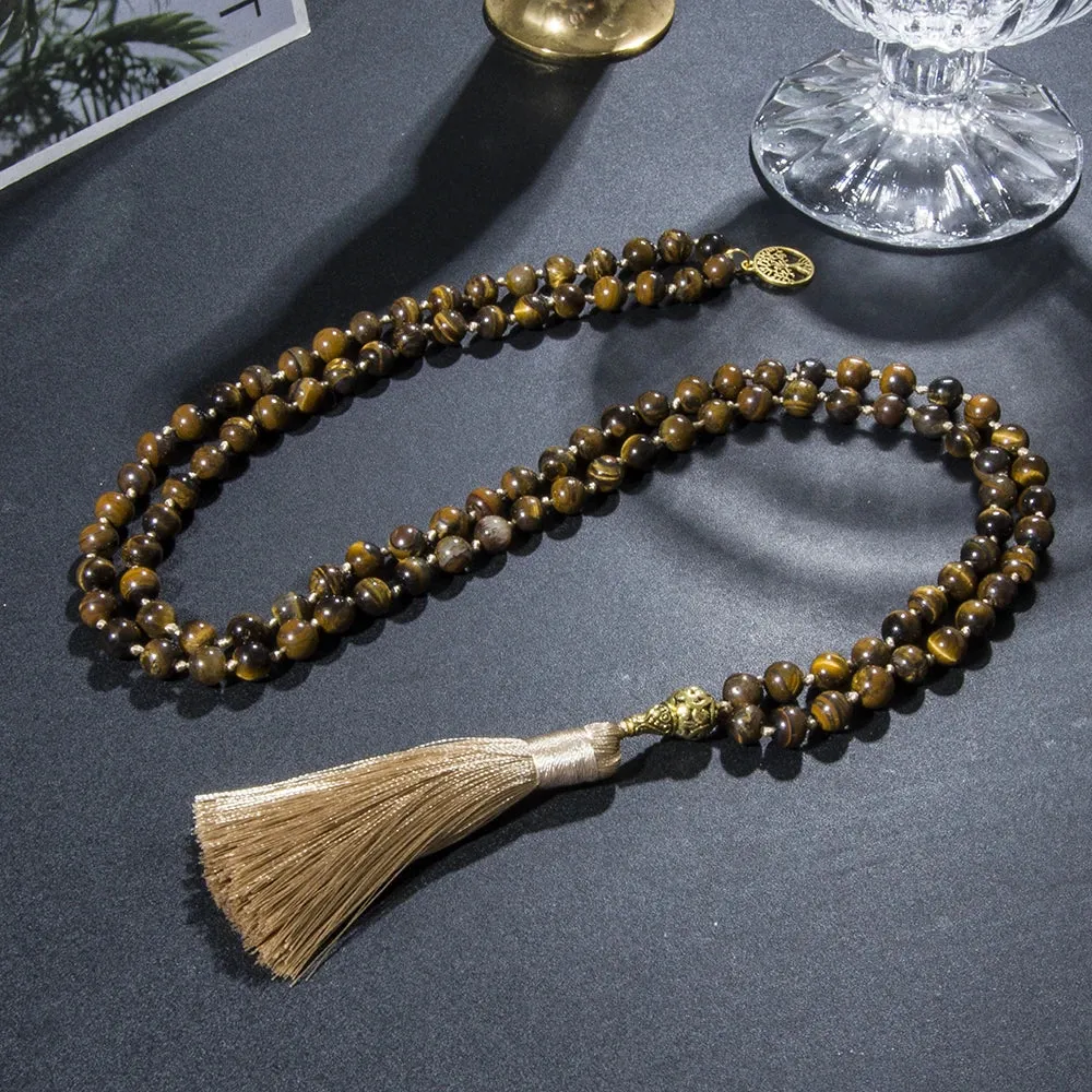 8mm Yellow Tiger Eye Knotted 108 Mala Beads Necklace Meditation