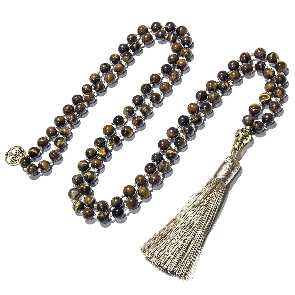 8mm Yellow Tiger Eye Knotted 108 Mala Beads Necklace Meditation