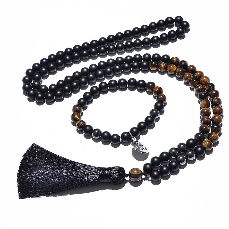 8mm Yellow Tiger Eyes, Matte Black Agate, Hematite Beaded Necklace Bracelet