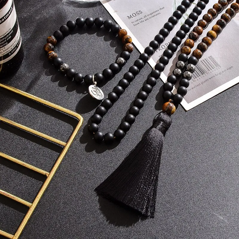 8mm Yellow Tiger Eyes, Matte Black Agate, Hematite Beaded Necklace Bracelet