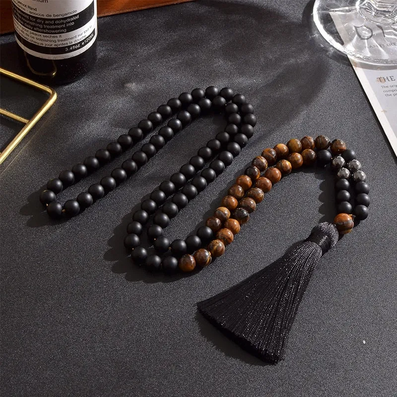8mm Yellow Tiger Eyes, Matte Black Agate, Hematite Beaded Necklace Bracelet