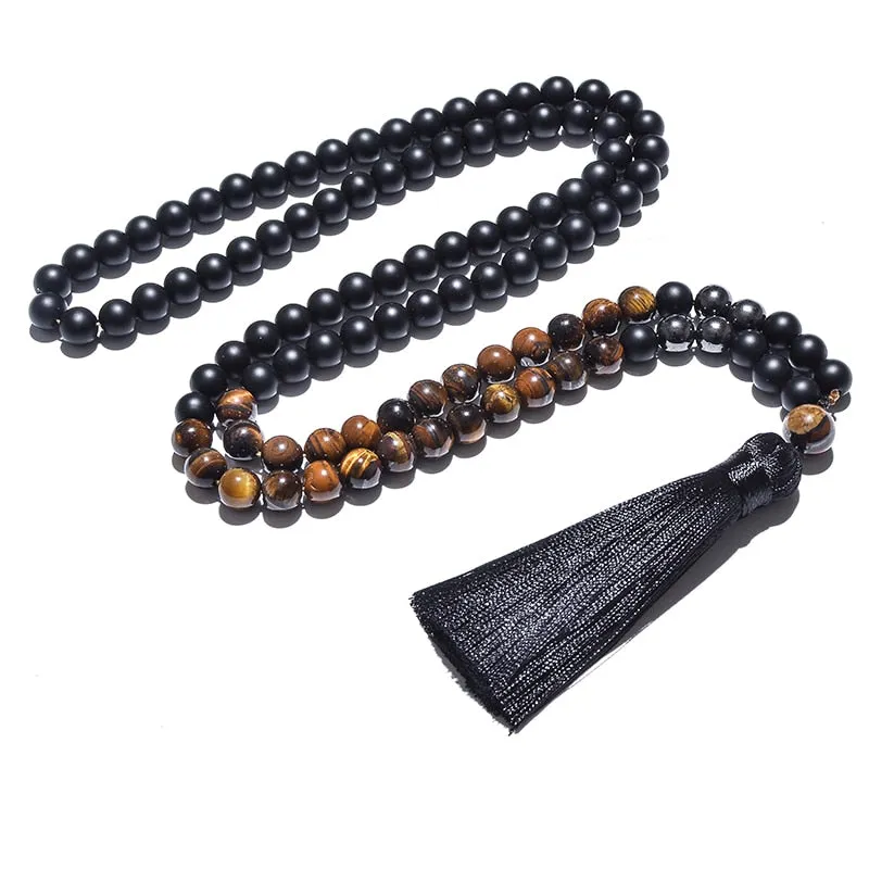 8mm Yellow Tiger Eyes, Matte Black Agate, Hematite Beaded Necklace Bracelet