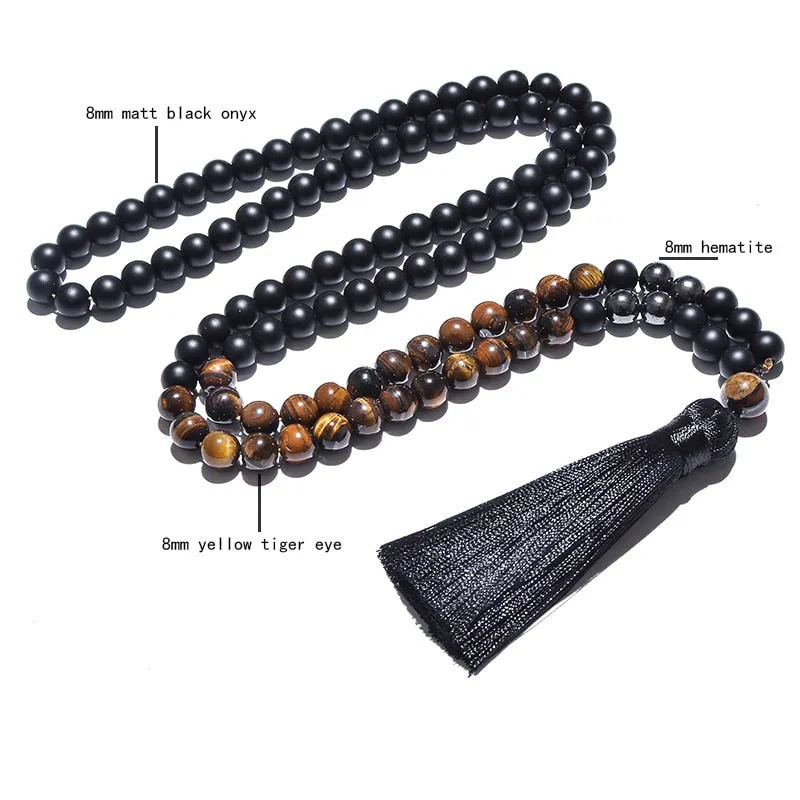 8mm Yellow Tiger Eyes, Matte Black Agate, Hematite Beaded Necklace Bracelet