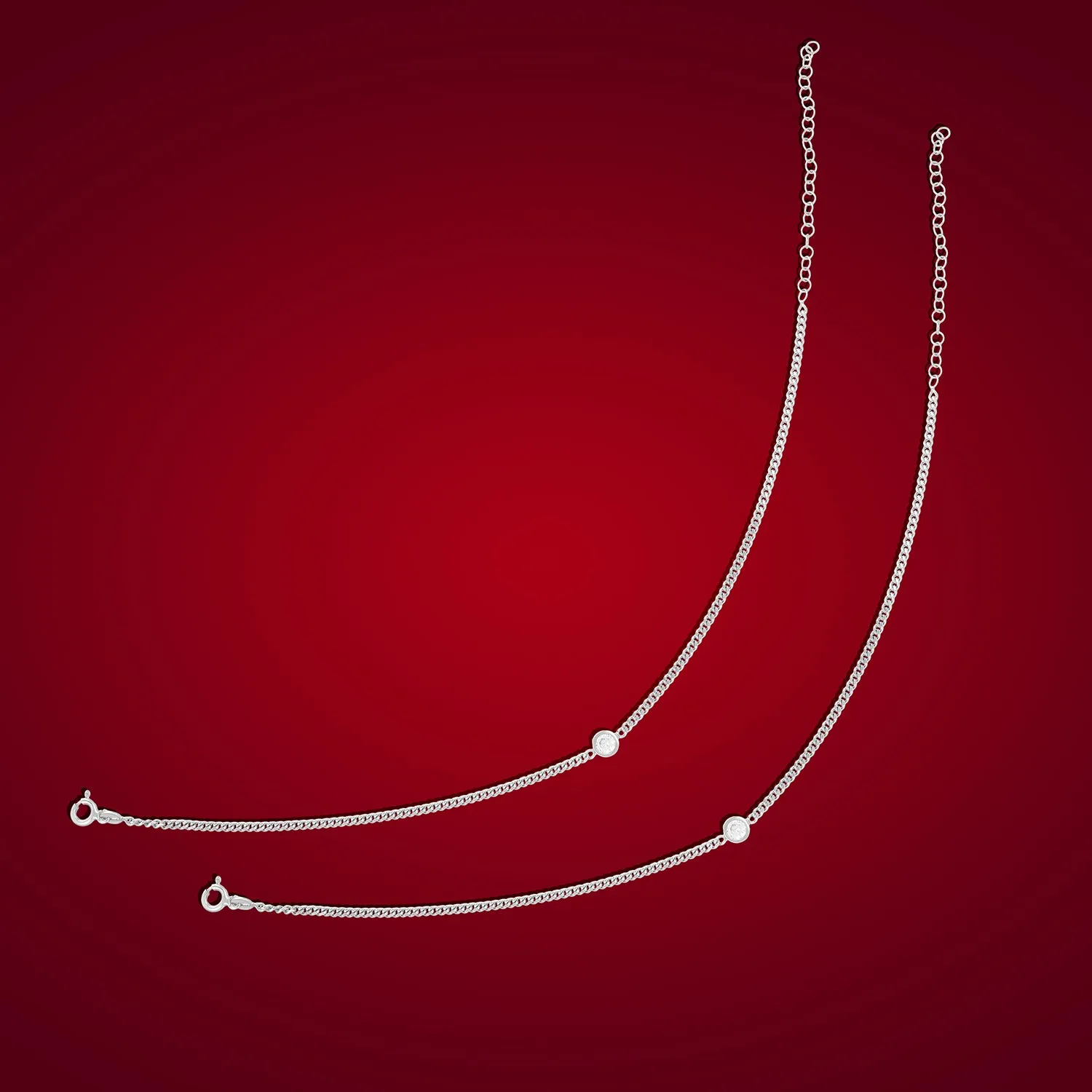 925 Rhodium Sterling Silver Cuban Link Chain Solitaire Stone Anklets For Women
