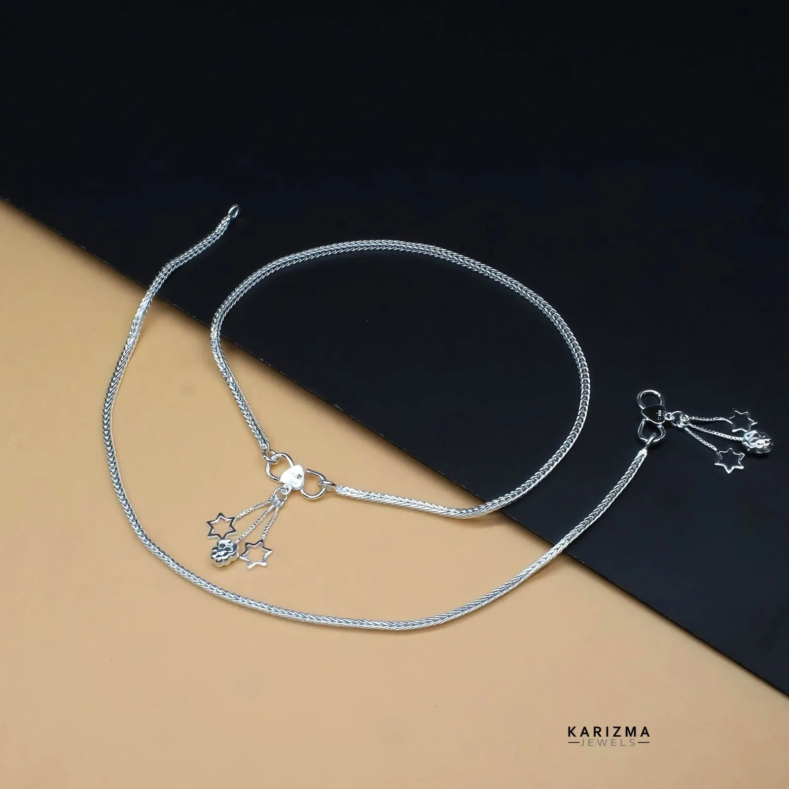 925 Sterling Silver Indian Girlish Anklets Bracelet Pair 10.3"