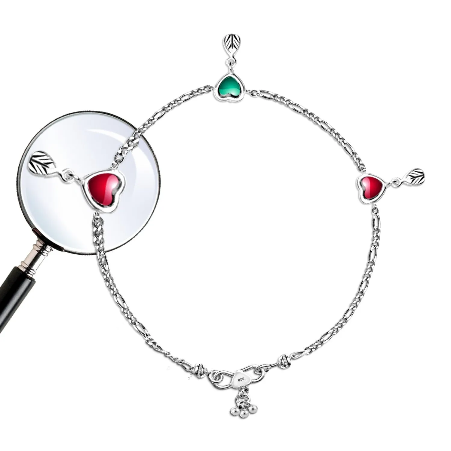 925 Sterling Silver Modern Heart Style Enamel Anklets for Women and Girls-Pair