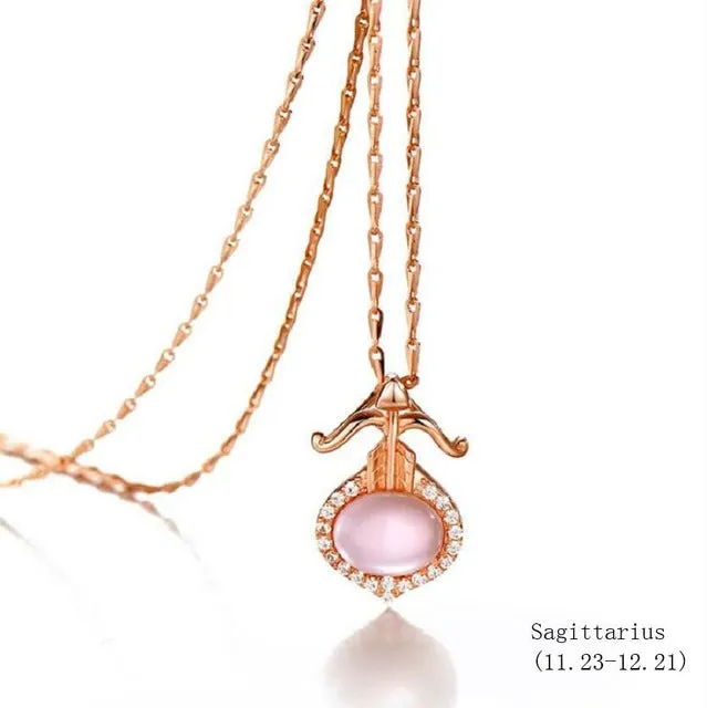 925 sterling silver twelve constellation Rose Quartz stone rose gold necklace boutique jewelry J0378