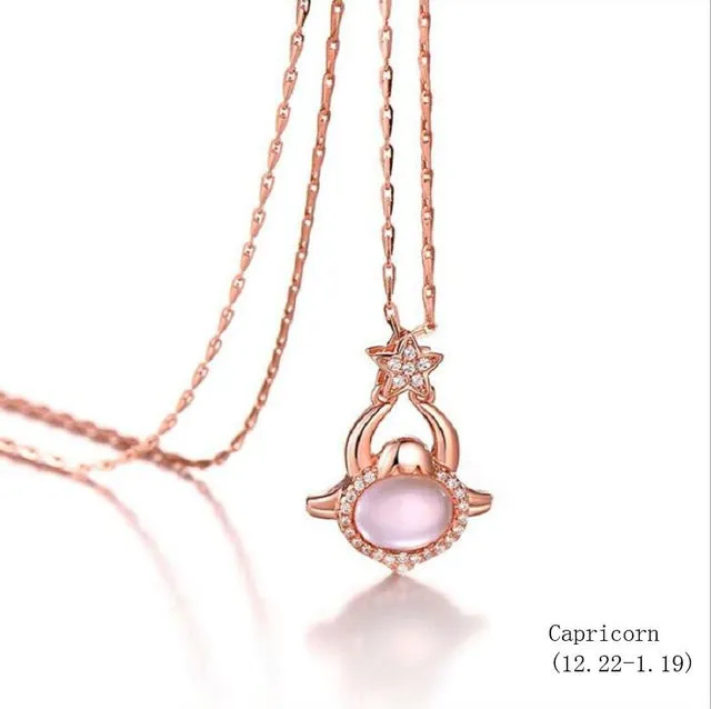 925 sterling silver twelve constellation Rose Quartz stone rose gold necklace boutique jewelry J0378