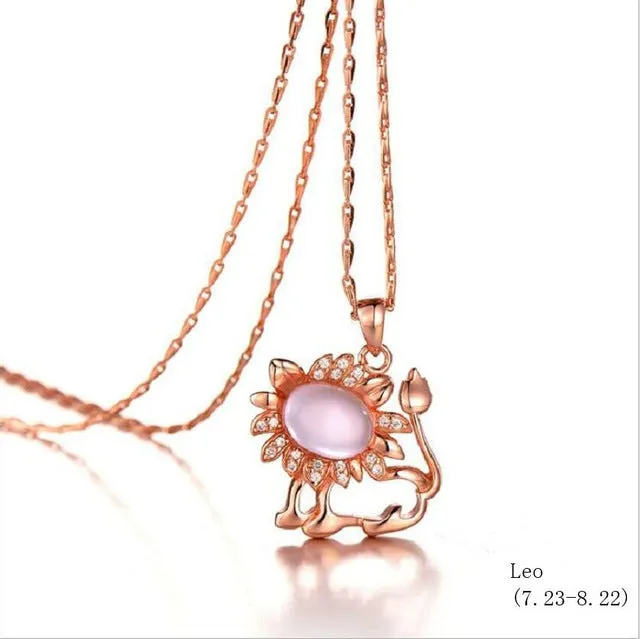 925 sterling silver twelve constellation Rose Quartz stone rose gold necklace boutique jewelry J0378