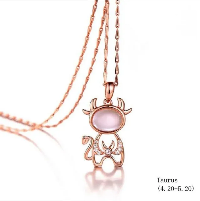 925 sterling silver twelve constellation Rose Quartz stone rose gold necklace boutique jewelry J0378