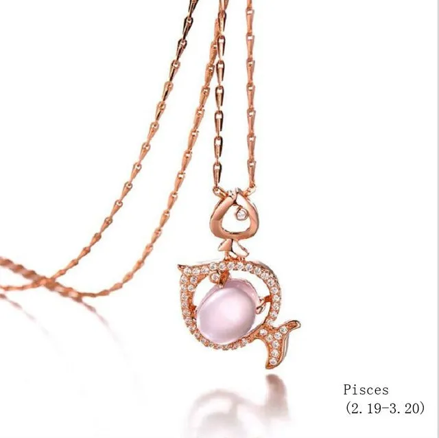 925 sterling silver twelve constellation Rose Quartz stone rose gold necklace boutique jewelry J0378