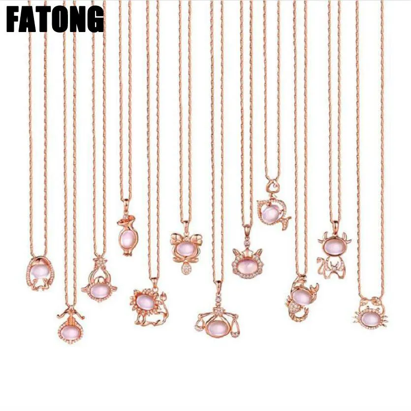 925 sterling silver twelve constellation Rose Quartz stone rose gold necklace boutique jewelry J0378