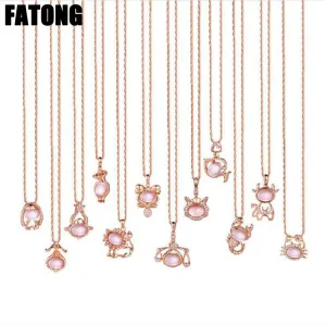 925 sterling silver twelve constellation Rose Quartz stone rose gold necklace boutique jewelry J0378