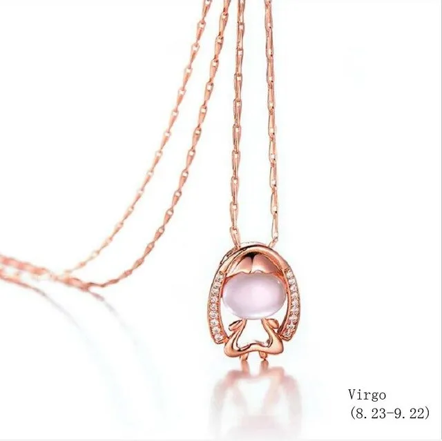 925 sterling silver twelve constellation Rose Quartz stone rose gold necklace boutique jewelry J0378