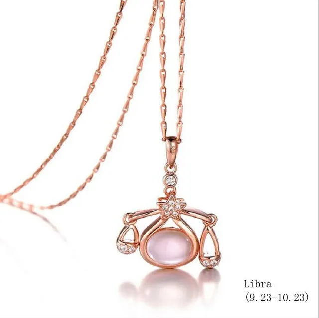 925 sterling silver twelve constellation Rose Quartz stone rose gold necklace boutique jewelry J0378
