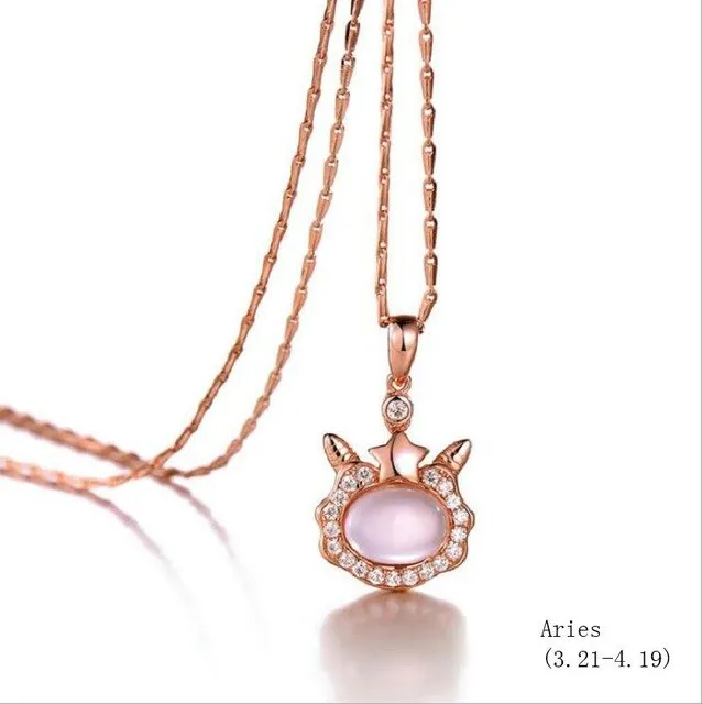 925 sterling silver twelve constellation Rose Quartz stone rose gold necklace boutique jewelry J0378