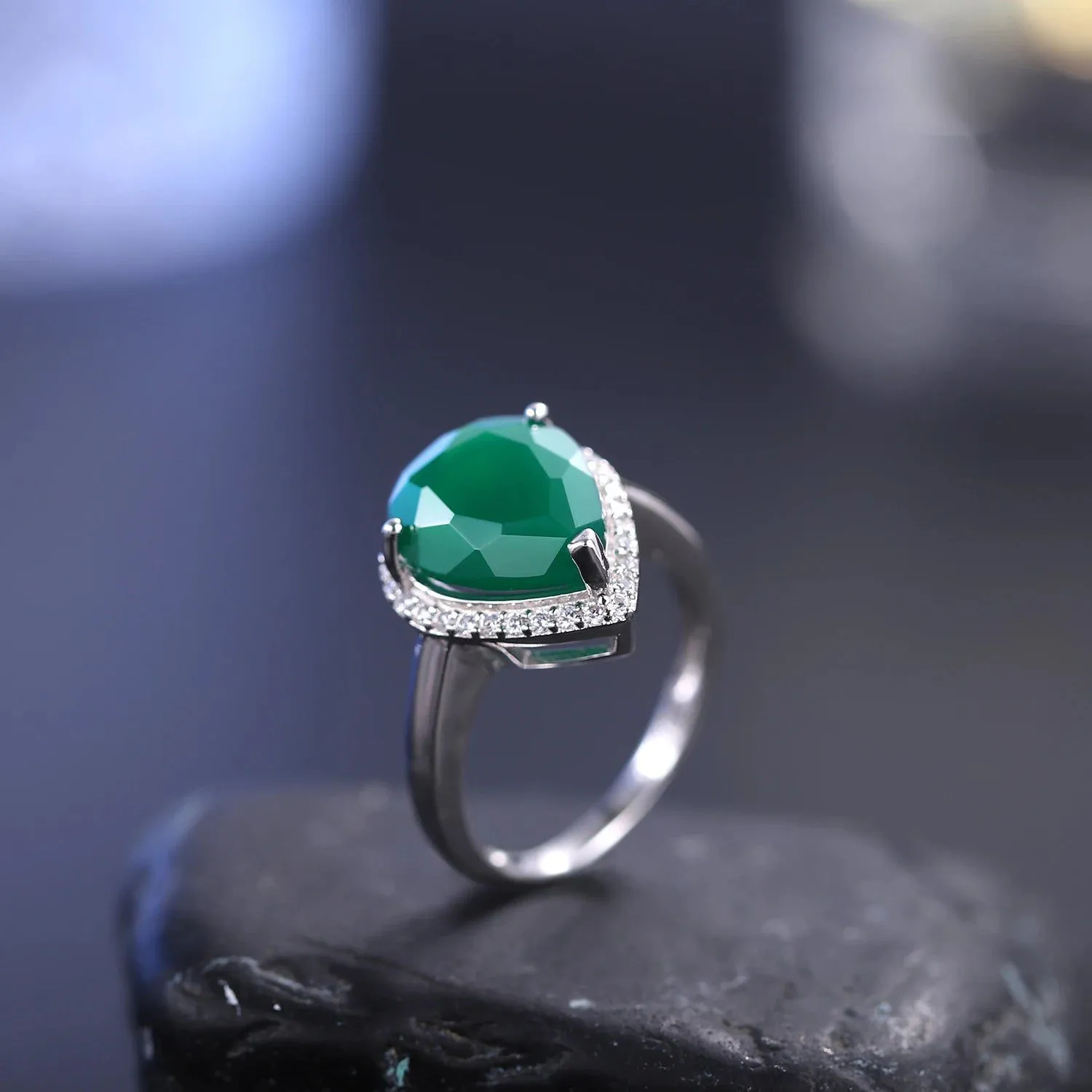 925 Sterling Silver Water Drop Green Agate Rings Trendy Classic Fine Jewelry