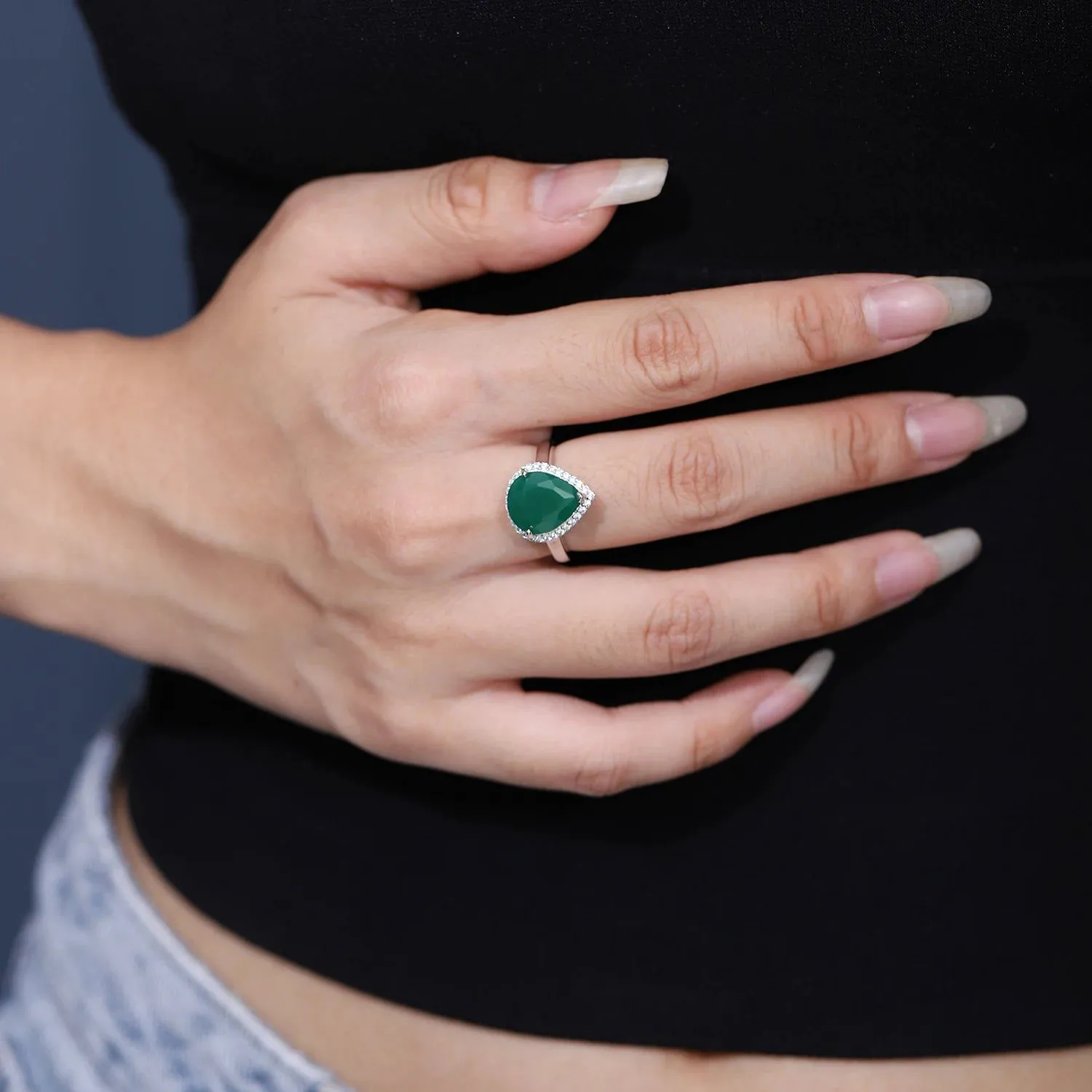 925 Sterling Silver Water Drop Green Agate Rings Trendy Classic Fine Jewelry