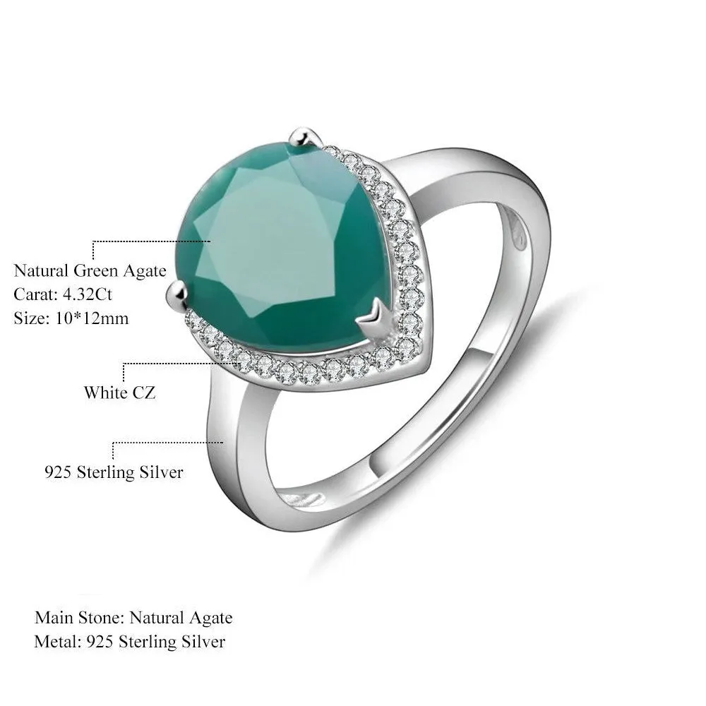 925 Sterling Silver Water Drop Green Agate Rings Trendy Classic Fine Jewelry