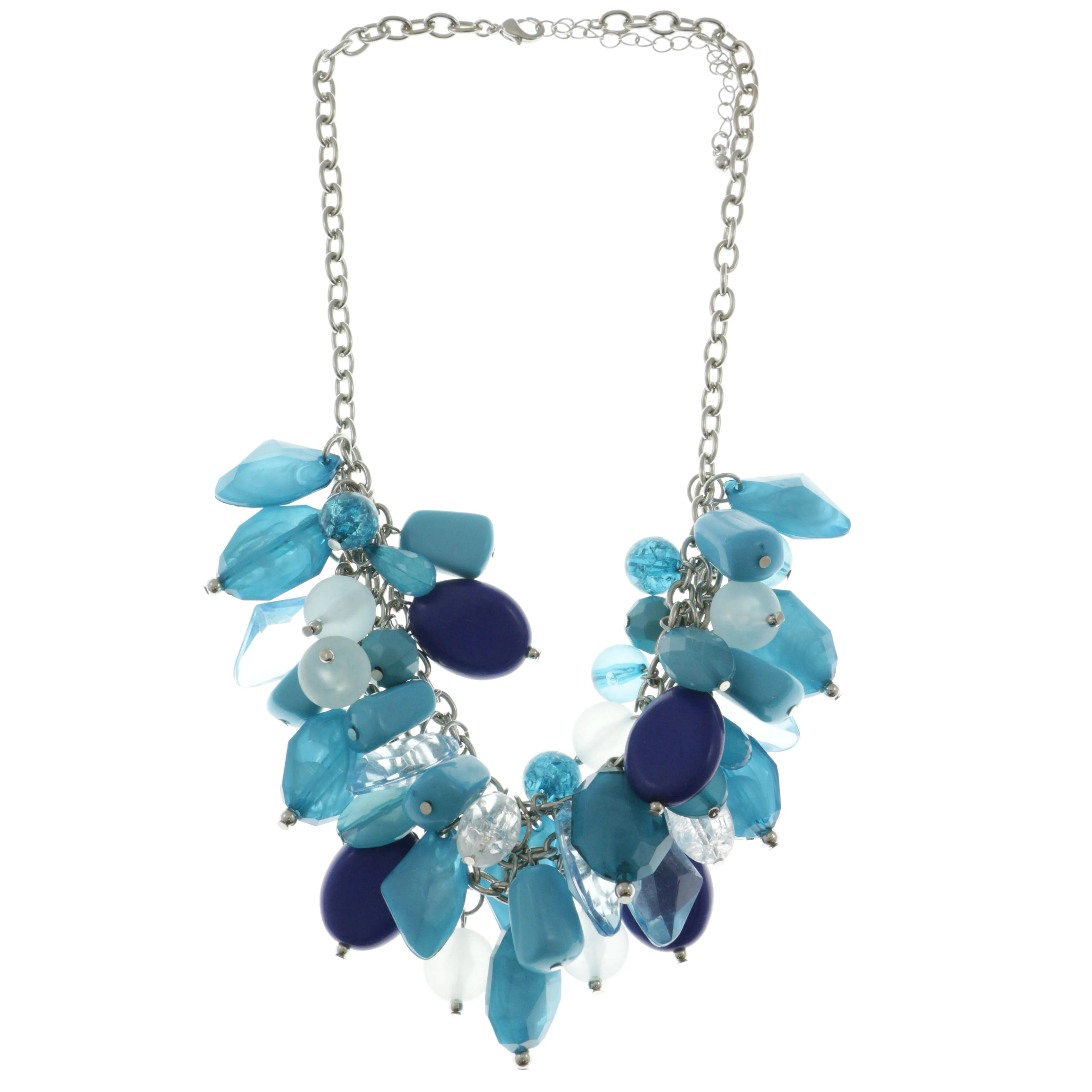 Adjustable Length Statement-Necklace With Bead Accents Blue & Silver-Tone Colored #2548