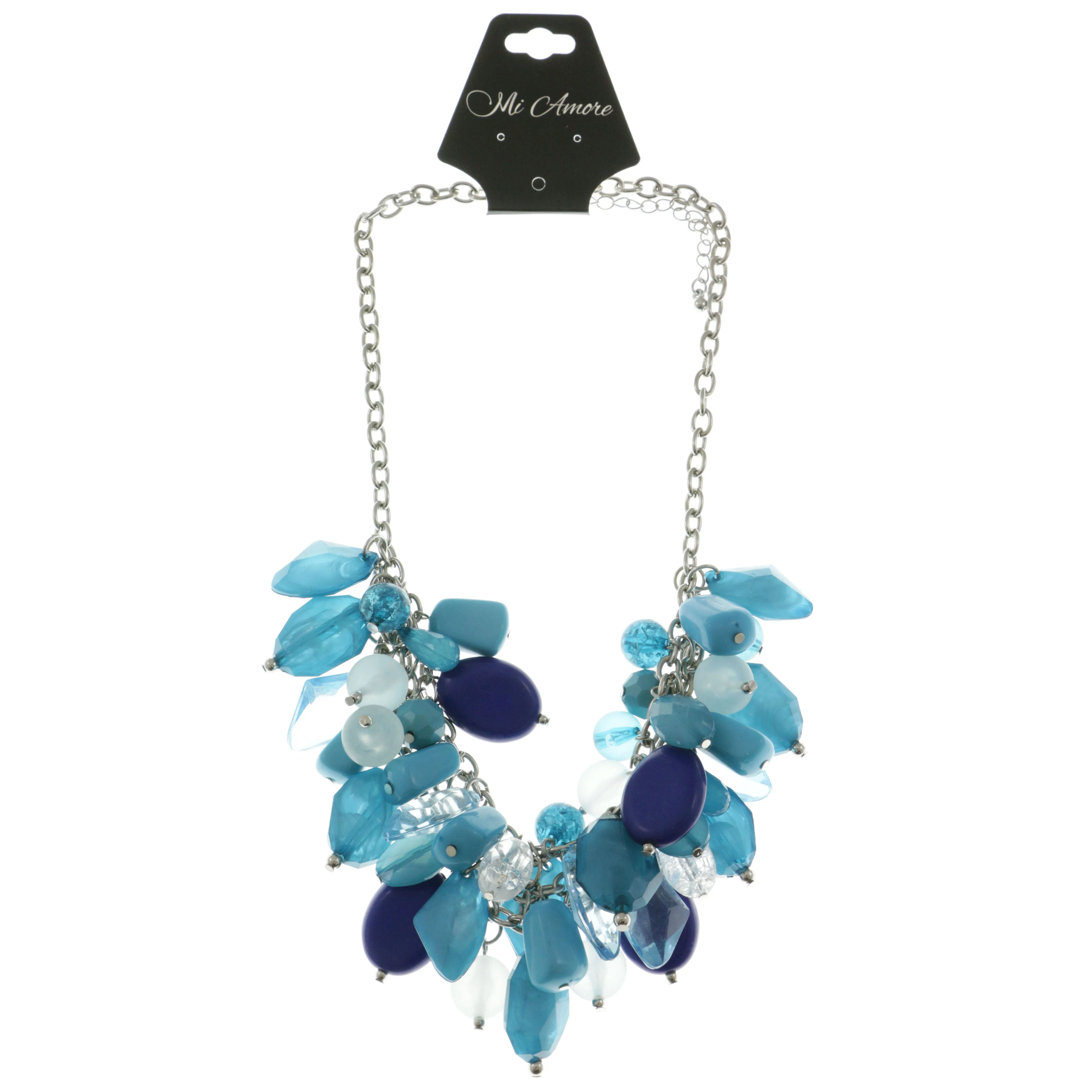 Adjustable Length Statement-Necklace With Bead Accents Blue & Silver-Tone Colored #2548