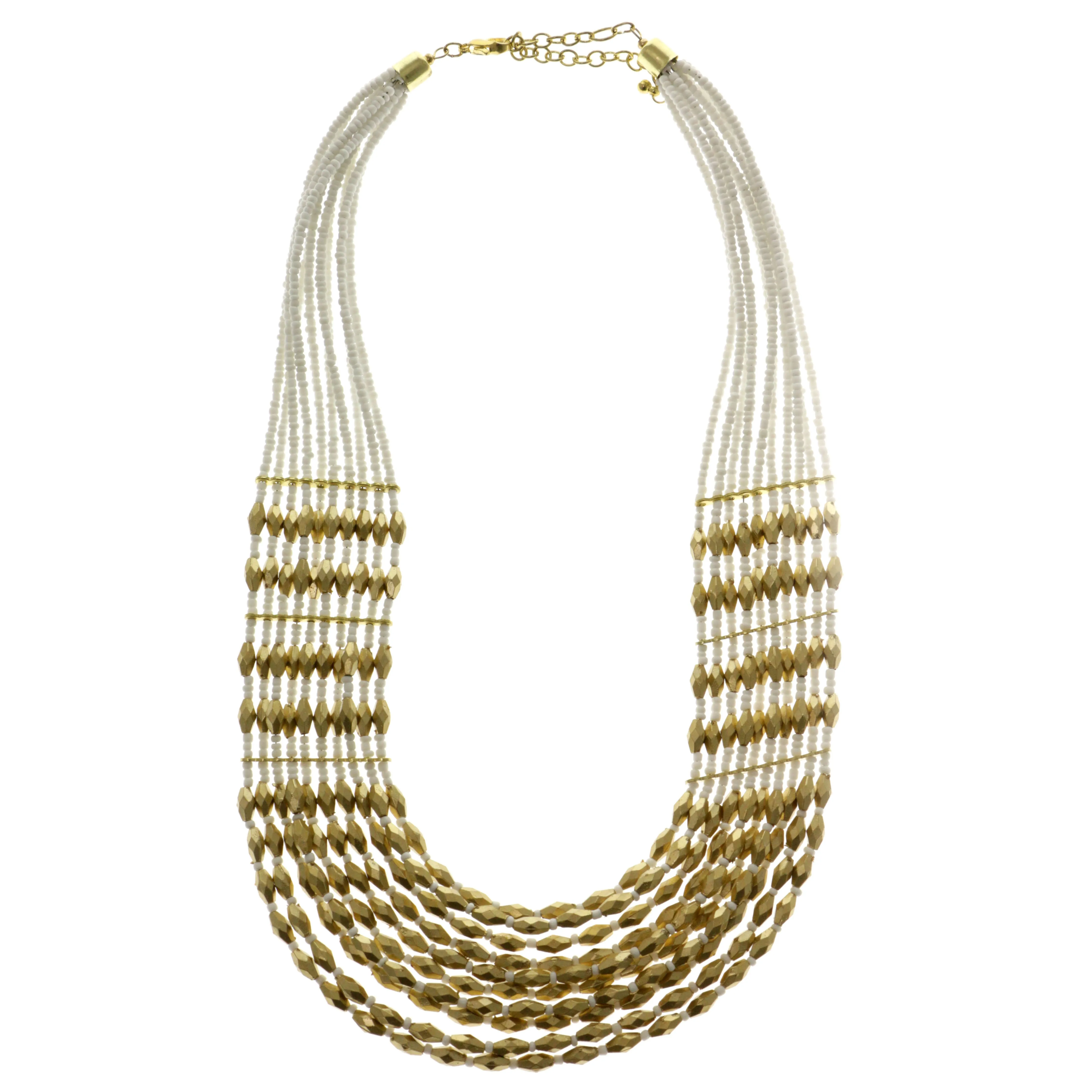 Adjustable Length Statement-Necklace With Bead Accents Gold-Tone & White Colored #2687