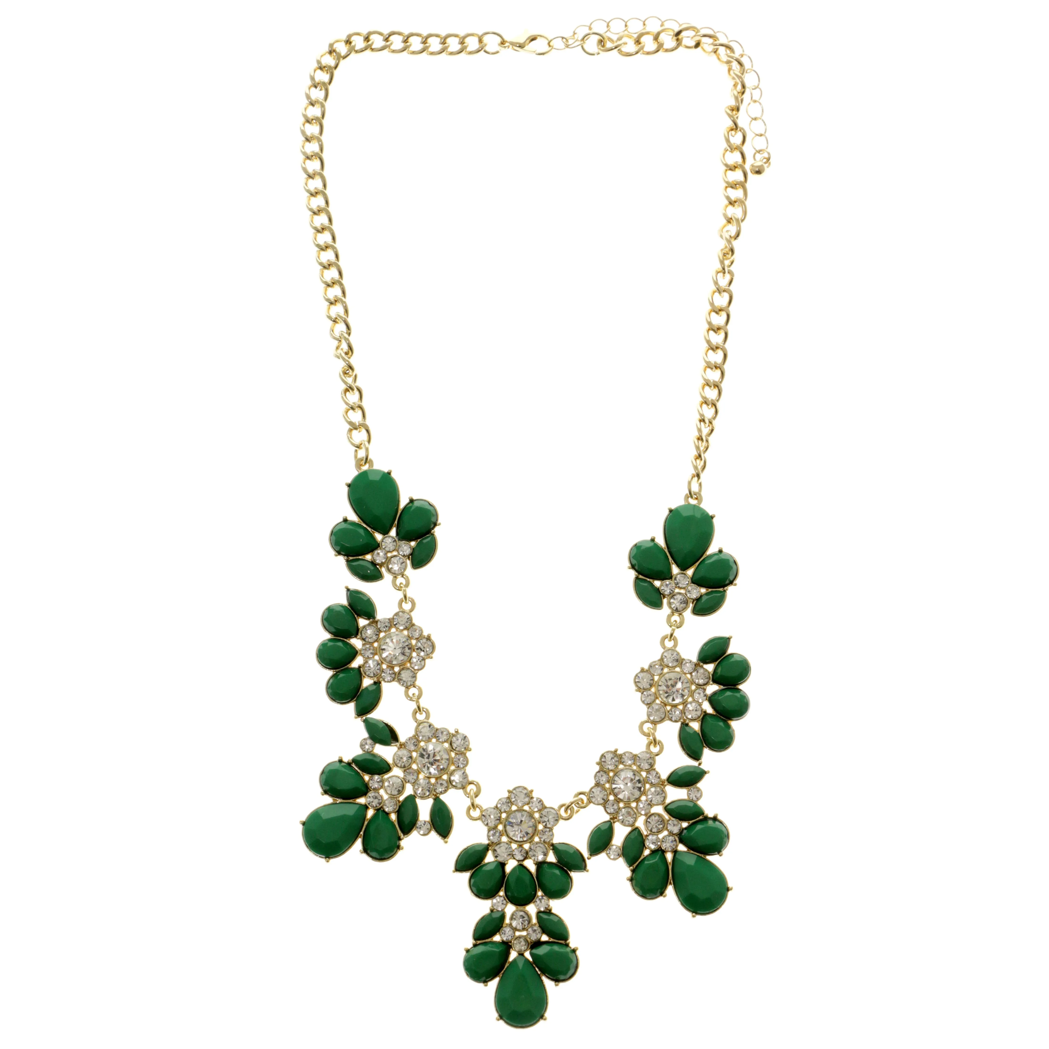 Adjustable Length Statement-Necklace With Crystal Accents Green & Gold-Tone Colored #2712
