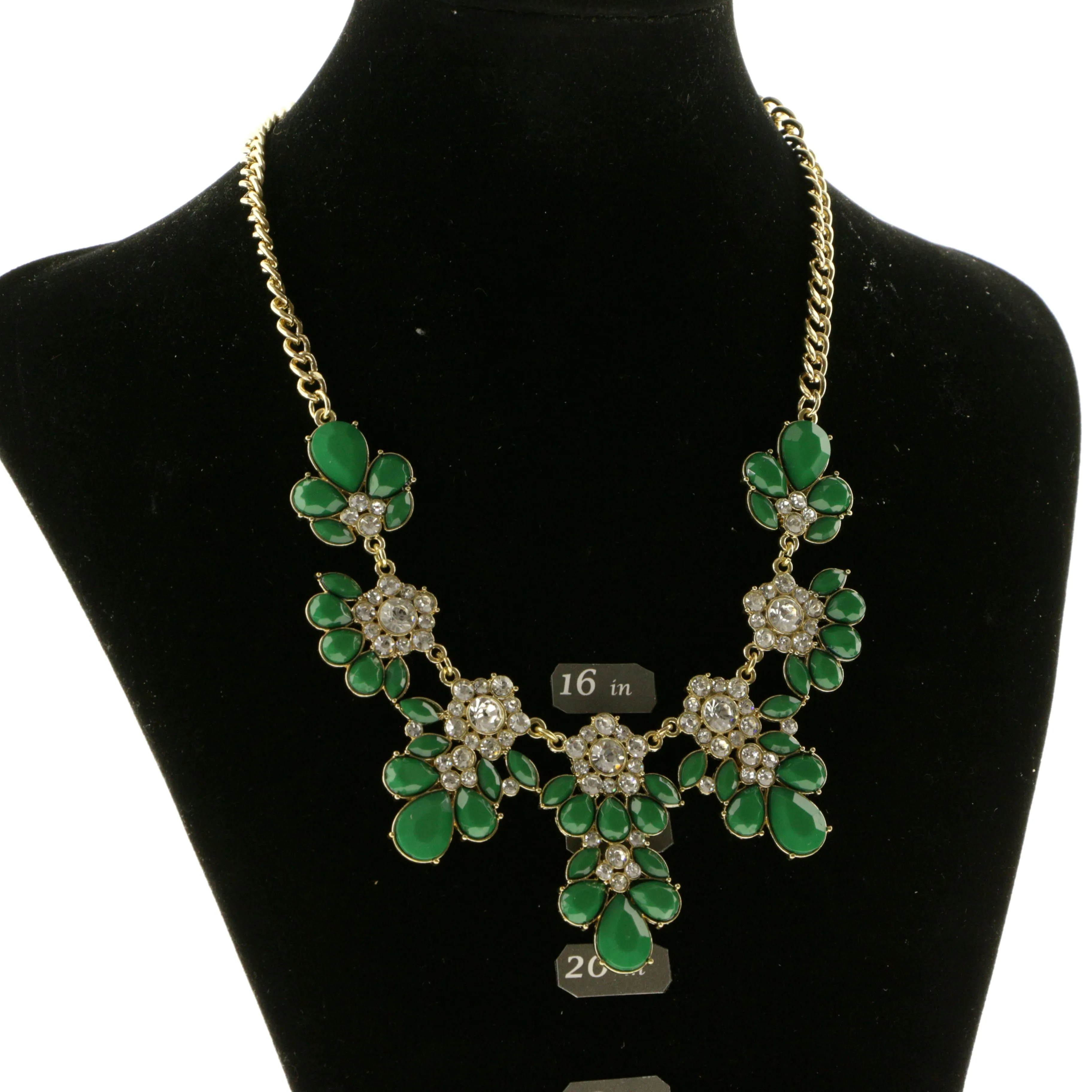 Adjustable Length Statement-Necklace With Crystal Accents Green & Gold-Tone Colored #2712
