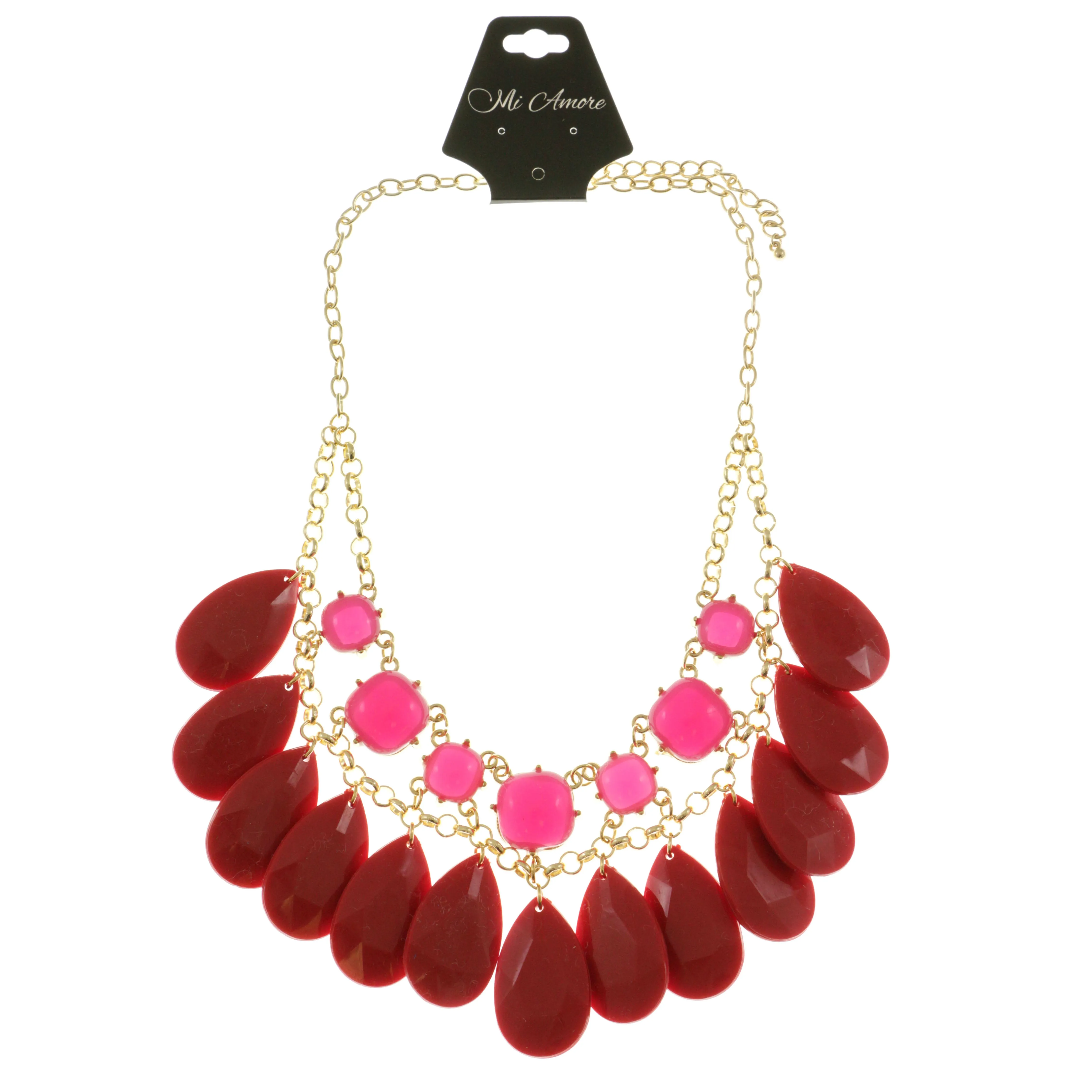 Adjustable Length Statement-Necklace With Faceted Accents Pink & Red Colored #2505