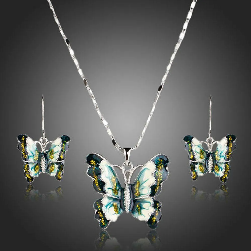 Artistic Flying Butterfly Pendant Necklace and Drop Earrings Set