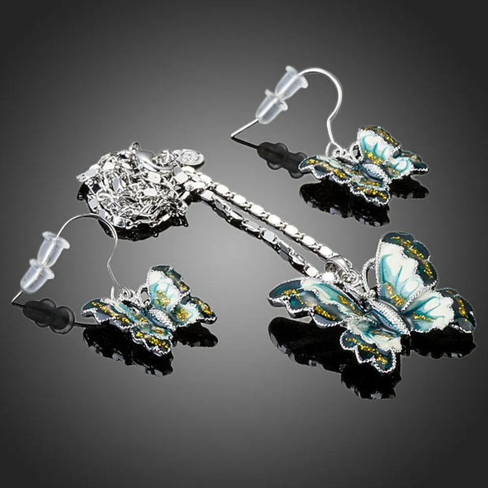 Artistic Flying Butterfly Pendant Necklace and Drop Earrings Set