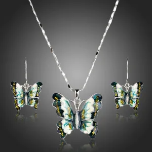 Artistic Flying Butterfly Pendant Necklace and Drop Earrings Set