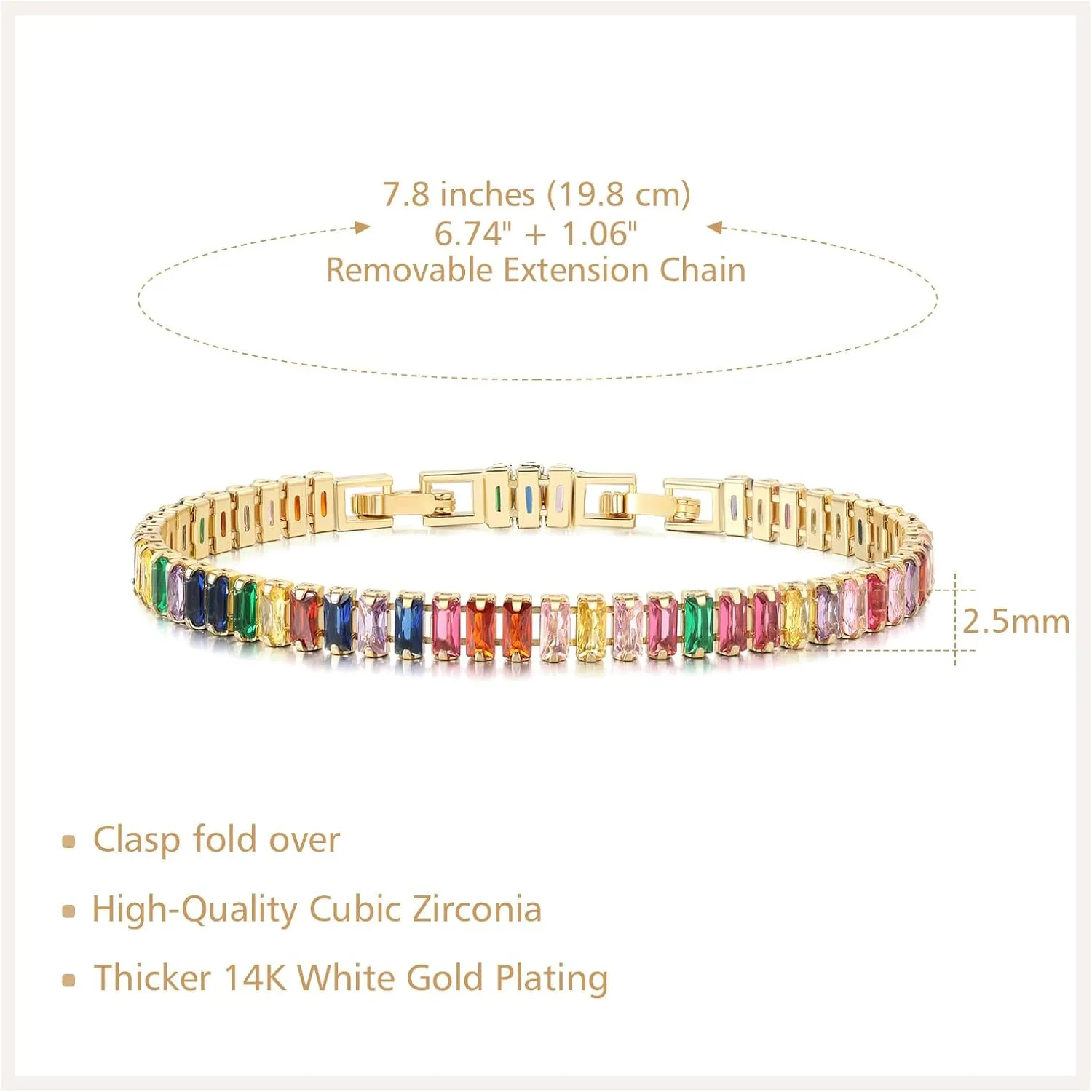 ARTLOVER Tennis Bracelets for Women, 14K White Gold Plated 5mm Multi Colored CZ Bracelet | Size 7.7-7.8 Inch