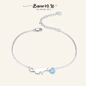 BAMOER U Authentic 925 Sterling Silver Cute Pussy Cat Opal Link Bracelet for Women Luxury Fine Jewelry Female Gifts SCB175