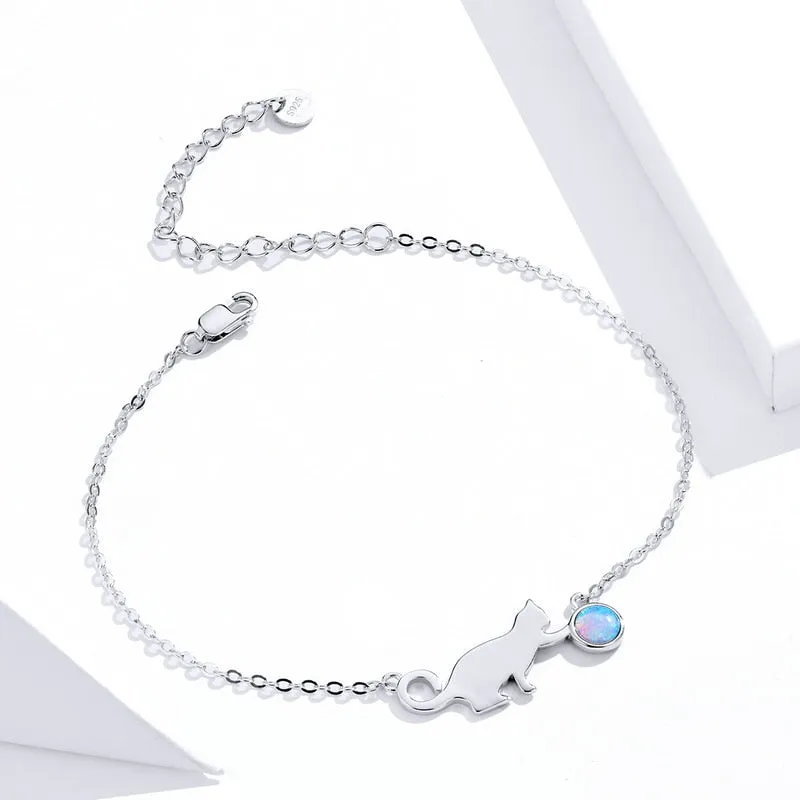 BAMOER U Authentic 925 Sterling Silver Cute Pussy Cat Opal Link Bracelet for Women Luxury Fine Jewelry Female Gifts SCB175