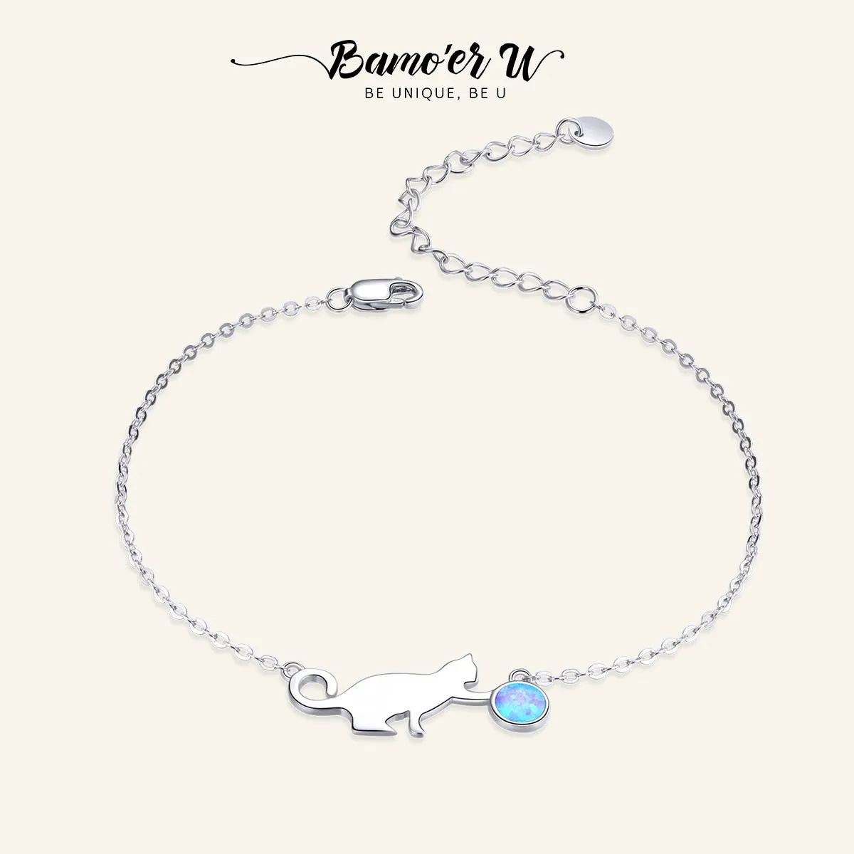 BAMOER U Authentic 925 Sterling Silver Cute Pussy Cat Opal Link Bracelet for Women Luxury Fine Jewelry Female Gifts SCB175