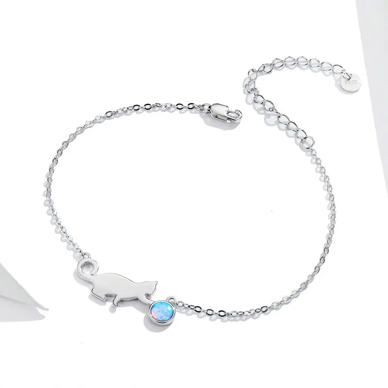 BAMOER U Authentic 925 Sterling Silver Cute Pussy Cat Opal Link Bracelet for Women Luxury Fine Jewelry Female Gifts SCB175