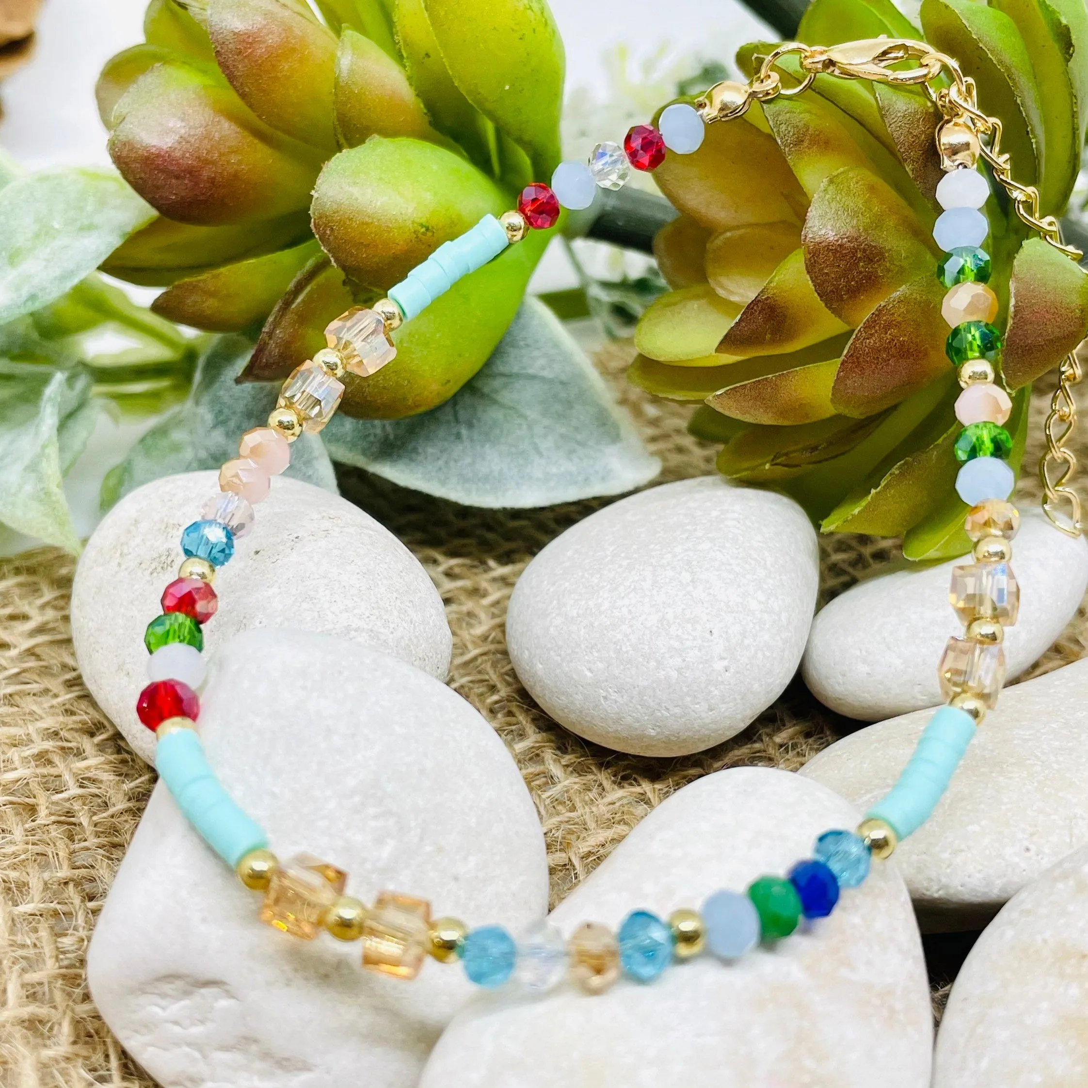 Beaded Anklet with Rainbow Beads