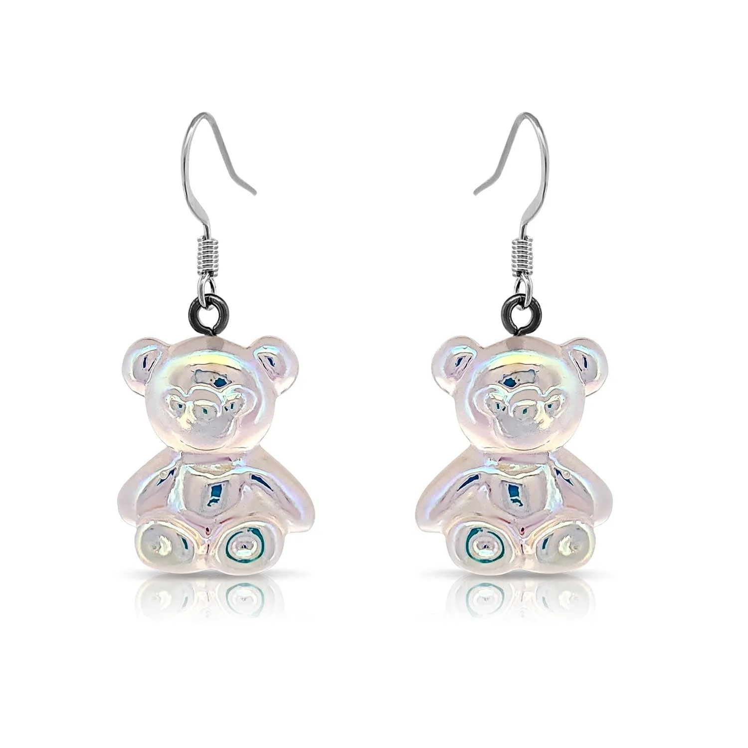 BESHEEK Silvertone and Clear AB Resin Gummy Bear Dangle Earrings | Hypoallergenic Boho Kitchsy Artistic Funky Cute Style Fashion Earrings