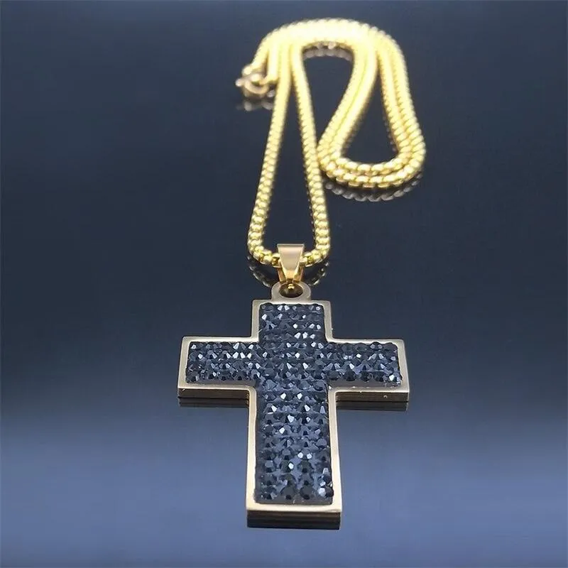 Black AAA CZ Crystal Stainless Steel Jesus Cross Pendant Necklaces - Gold Colour Chain Christian Necklace