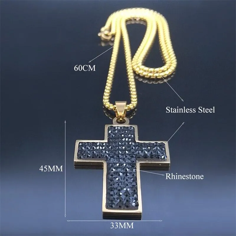 Black AAA CZ Crystal Stainless Steel Jesus Cross Pendant Necklaces - Gold Colour Chain Christian Necklace