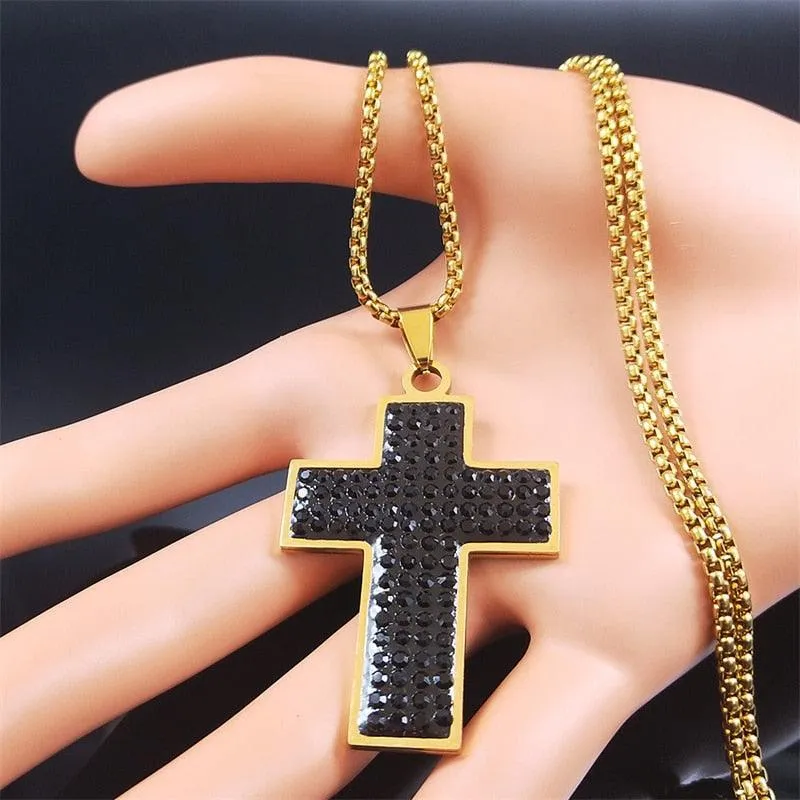Black AAA CZ Crystal Stainless Steel Jesus Cross Pendant Necklaces - Gold Colour Chain Christian Necklace