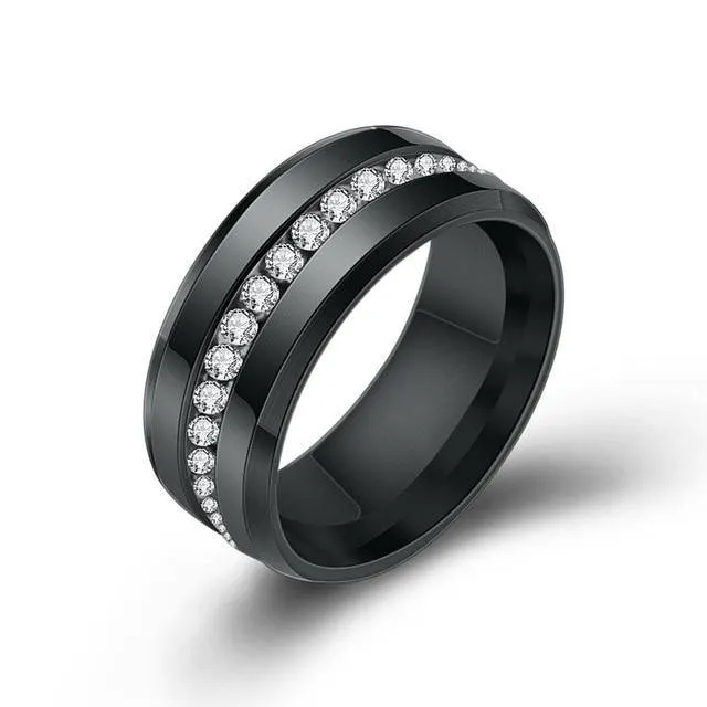 Black and Silver Color Cubic Zirconia Crystals Titanium Steel Rings For Women