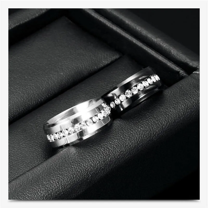 Black and Silver Color Cubic Zirconia Crystals Titanium Steel Rings For Women