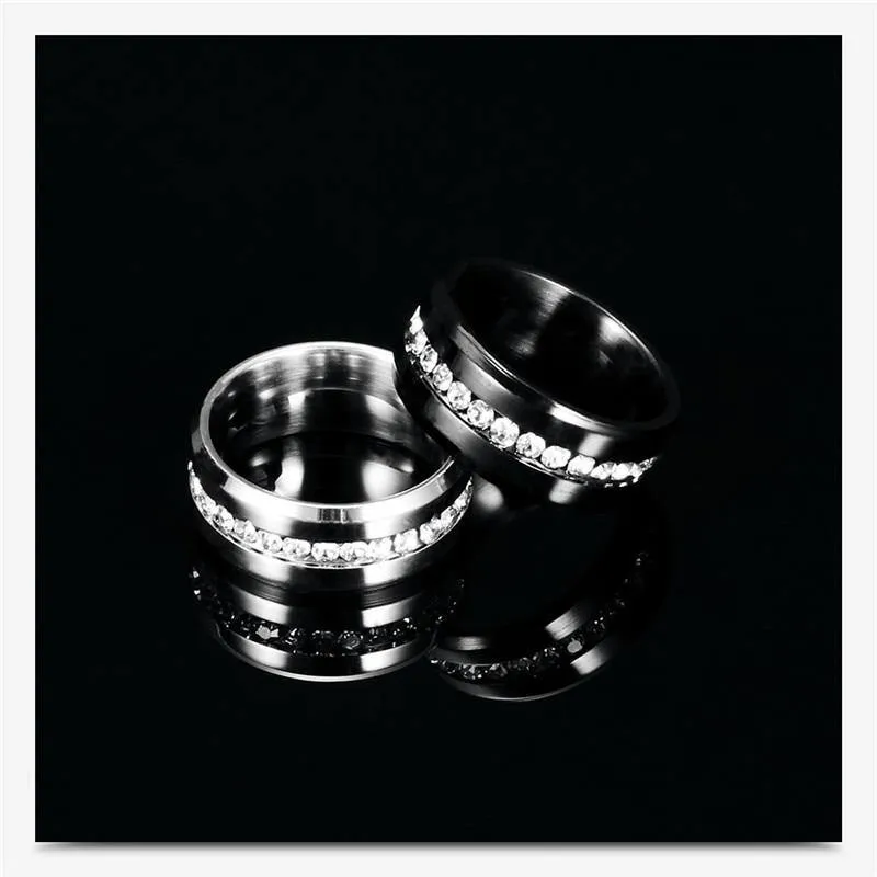 Black and Silver Color Cubic Zirconia Crystals Titanium Steel Rings For Women