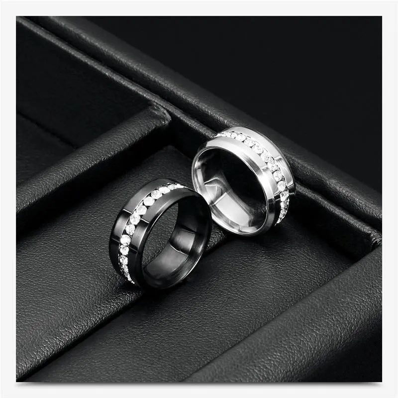 Black and Silver Color Cubic Zirconia Crystals Titanium Steel Rings For Women