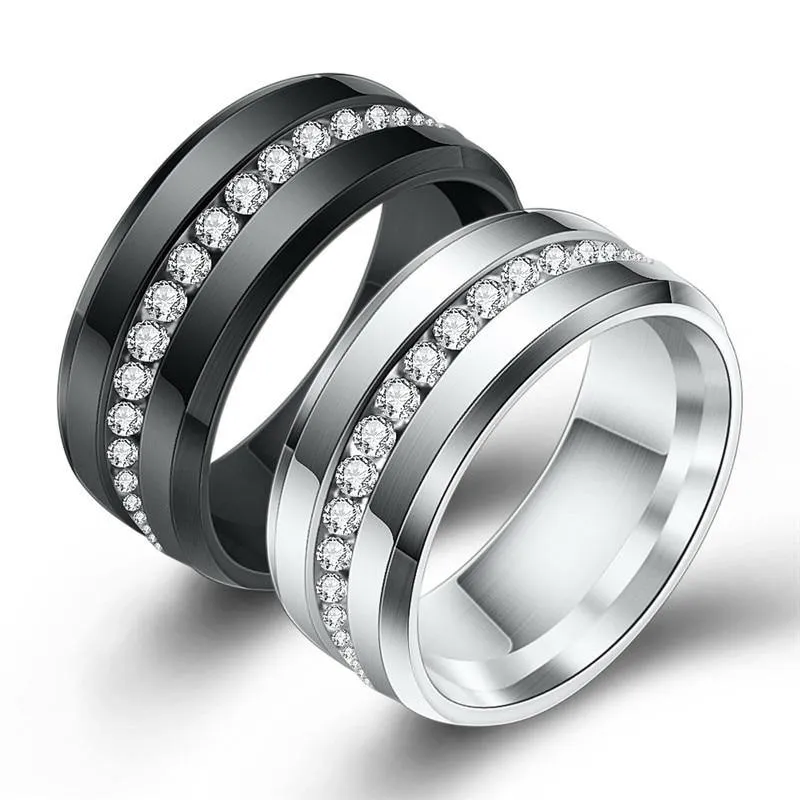Black and Silver Color Cubic Zirconia Crystals Titanium Steel Rings For Women